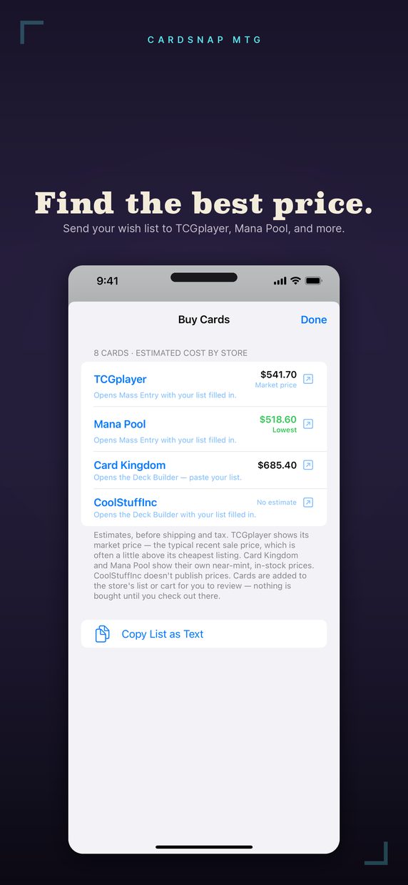 CardSnap MTG estimated cost of a wish list at each store