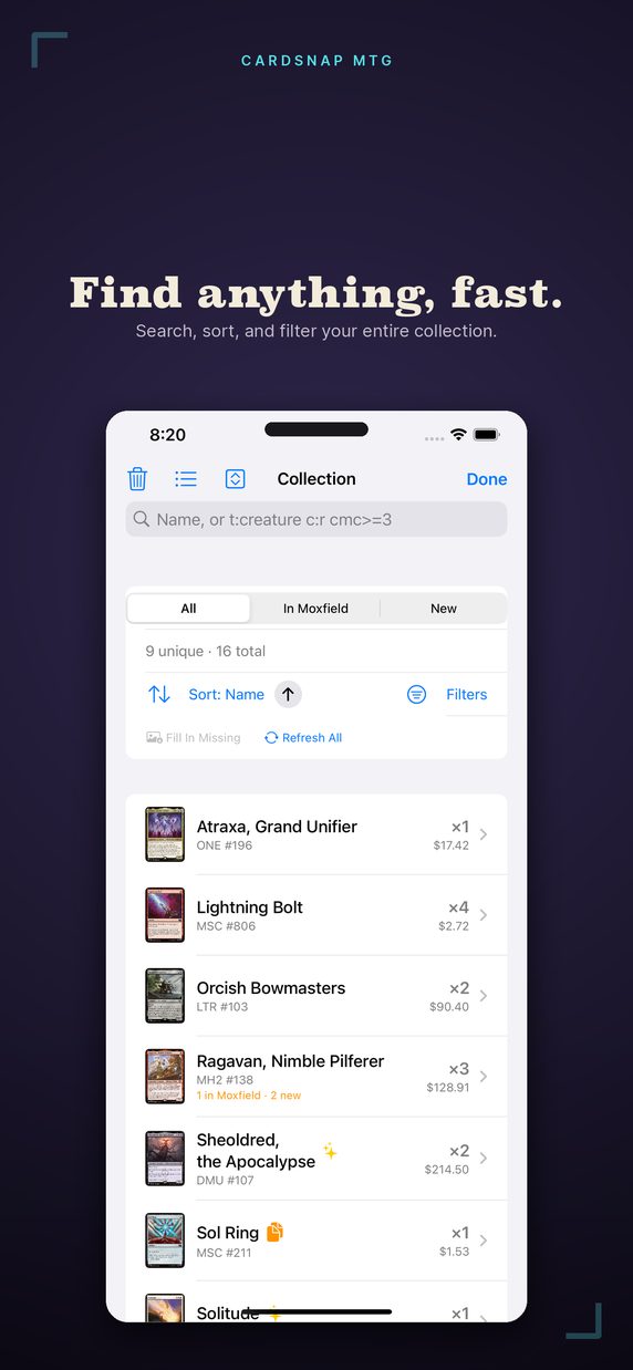 CardSnap MTG collection search and filters