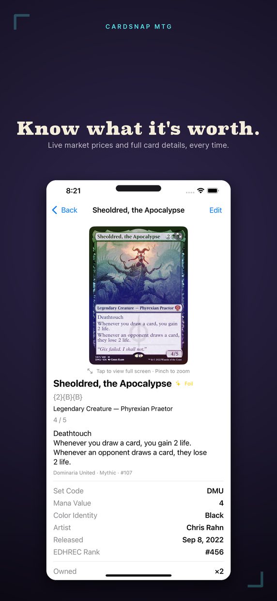 CardSnap MTG card detail screen with live pricing