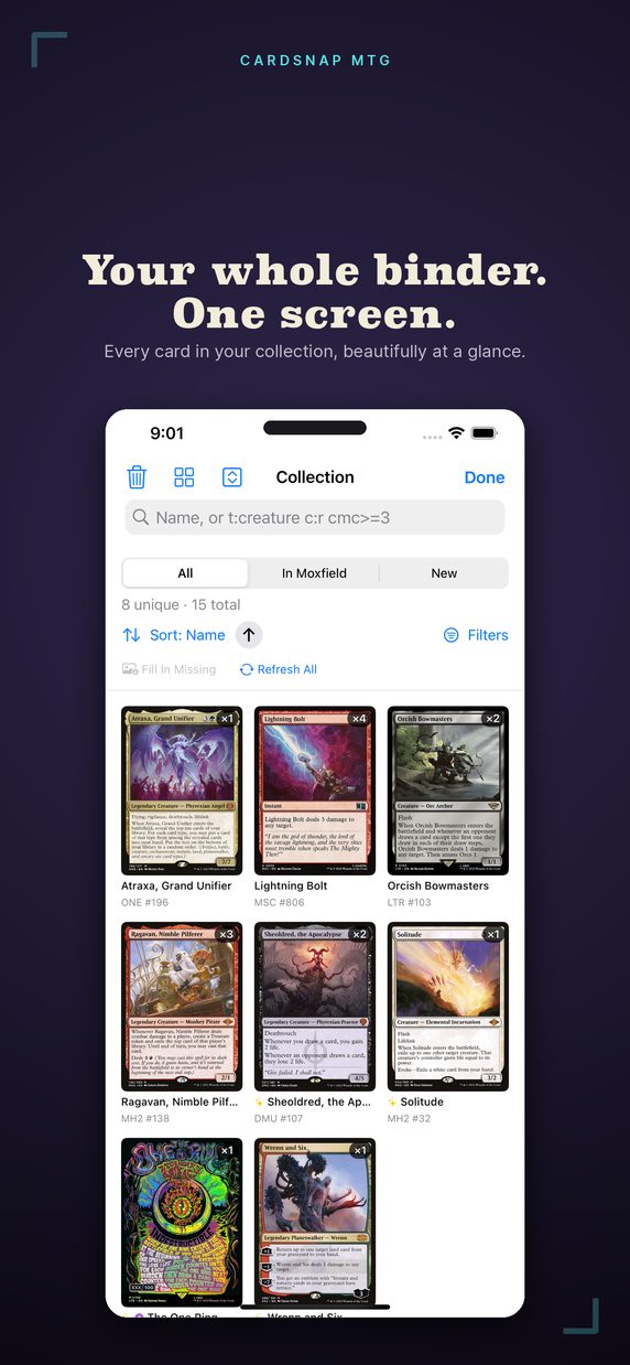 CardSnap MTG grid view of a Magic collection
