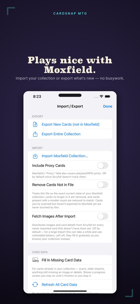 CardSnap MTG Moxfield and Archidekt import and export screen