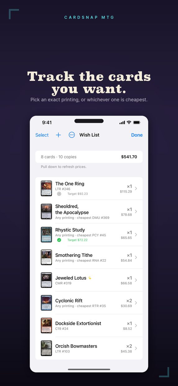CardSnap MTG wish list with prices and target prices
